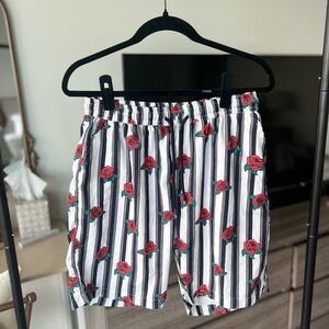 Striped Shorts with Red Rose Pattern